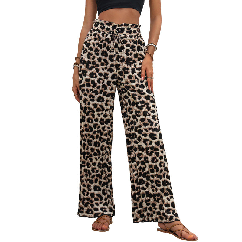 Women's Lightweight Palazzo Pants with Elastic Waist, Drawstring and Animal Print Mune Fashion