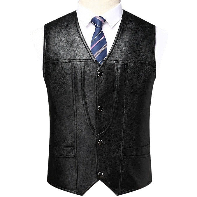 Men's Sleeveless Tailored Leather Vest with V-Neck, Decorative Seams and Button Placket Mune Fashion