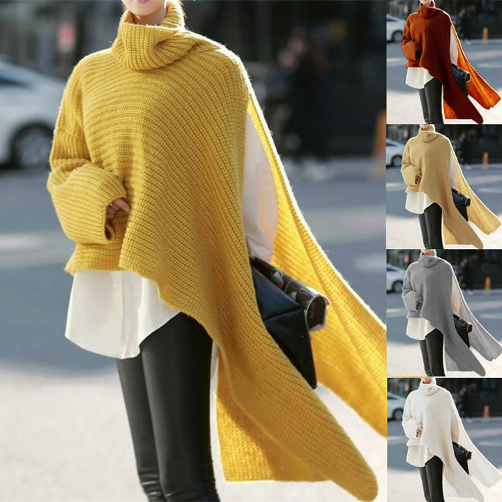 Women Asymmetrical Roll Neck Poncho with Side Cape Detail Mune Fashion