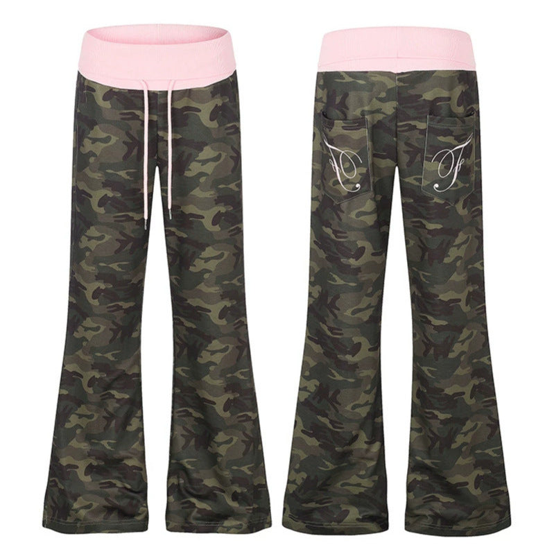Women's Palazzo lounge pants with high rolled waistband, drawstring, and camouflage pattern Mune Fashion