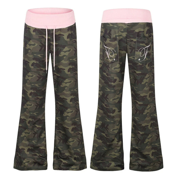 Women's Palazzo lounge pants with high rolled waistband, drawstring, and camouflage pattern Mune Fashion
