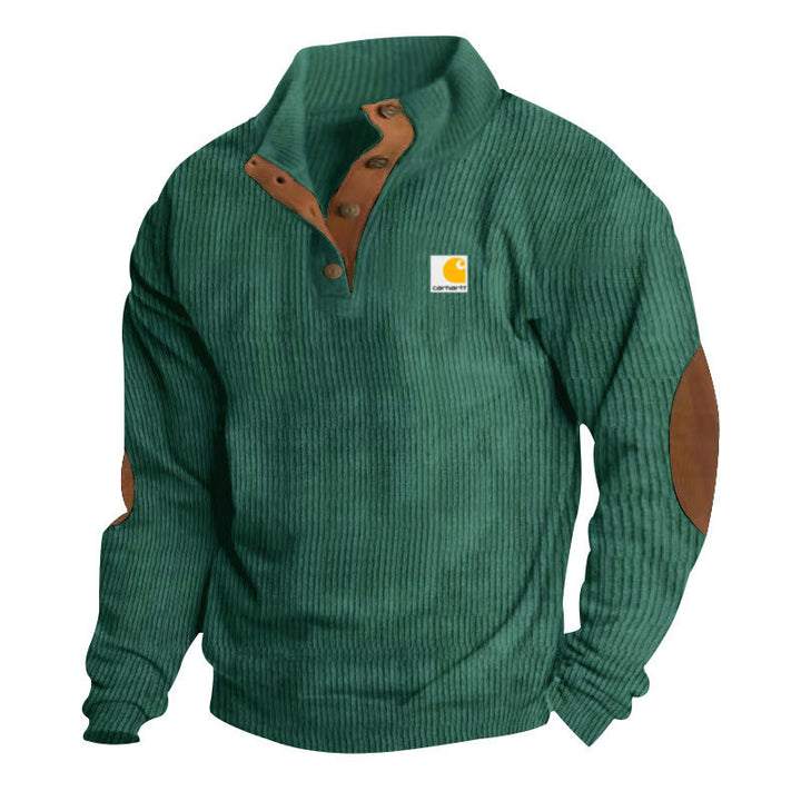 Men's knitted pullover in Troyer style with stand-up collar leather trim snap button placket and elbow patches Mune Fashion