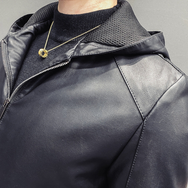 Men's Leatherette Hooded Blouson with Mesh Inner Hood, Slim Silhouette and Full Zipper Mune Fashion