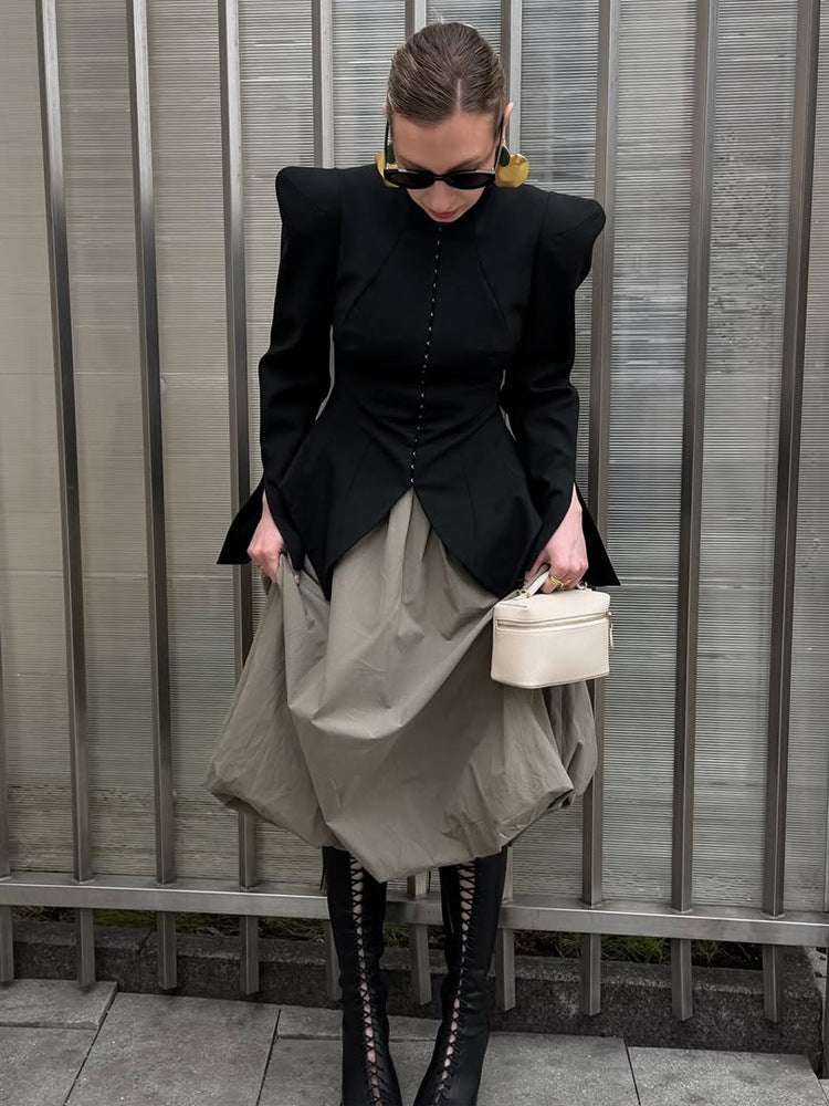 Women's Tailored Blazer with Sculptural Shoulders, Emphasized Waist and Pointed Peplum