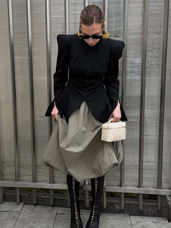 Women's Tailored Blazer with Sculptural Shoulders, Emphasized Waist and Pointed Peplum