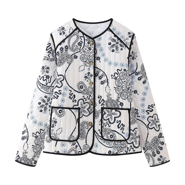 Women's Quilted Paisley Print Quilted Jacket with Contrast Piping and Round Neckline Mune Fashion
