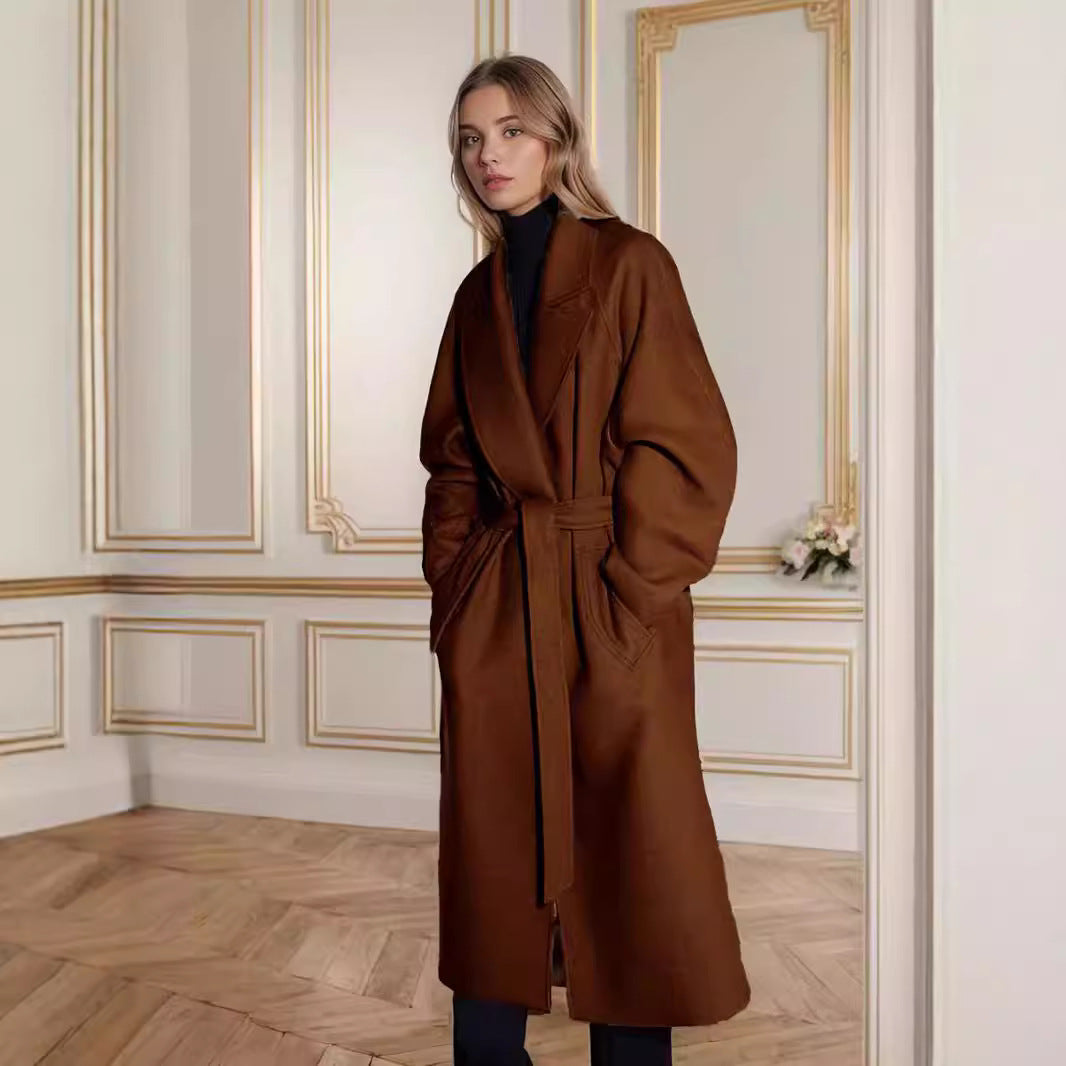 Women's long coat made of wool blend with notch collar and loose fit Mune Fashion