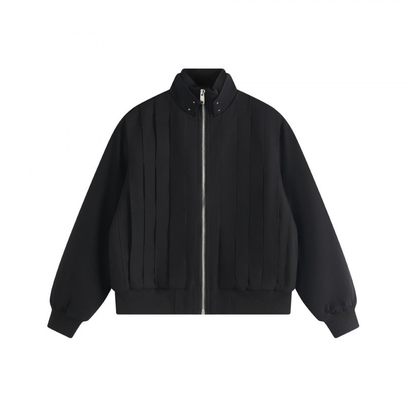 Unisex Boxy Blouson jacket with vertical tucked pleats, standing collar, and zipper Mune Fashion