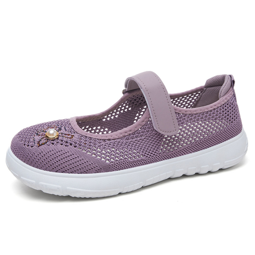 Women's knitted Mary Jane sneakers with Velcro strap, breathable knitted upper, decorative pearl appliqué, and cushioning EVA sole Mune Fashion