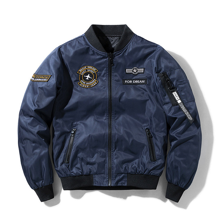 Men's lightweight water-repellent flight bomber jacket with embroidered airplane patches and side pocket on the arm Mune Fashion