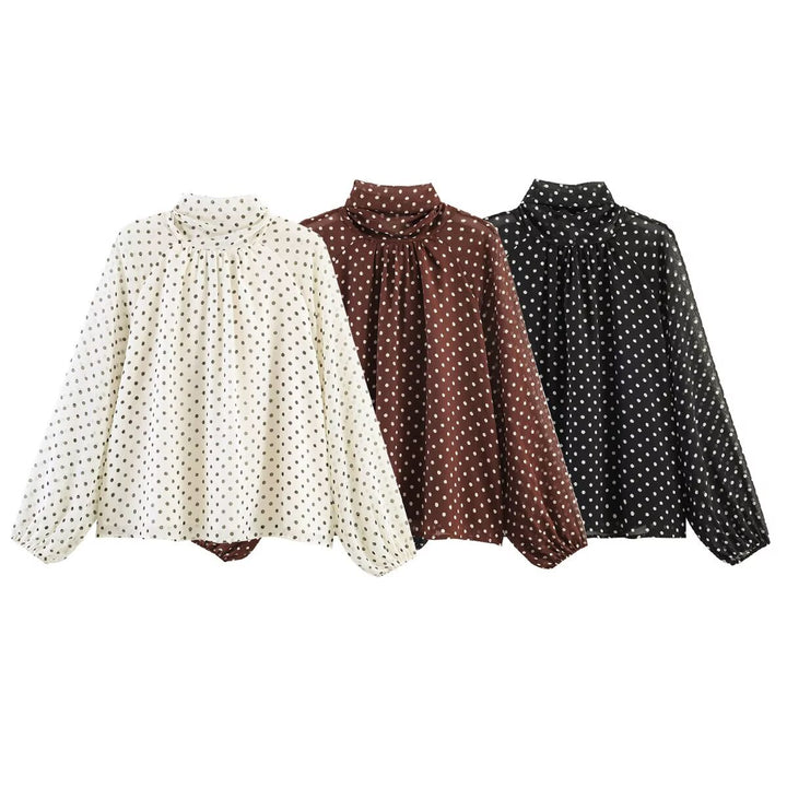 Women 50+ silk-like polka dot slip blouse with bow collar and balloon sleeves Mune Fashion