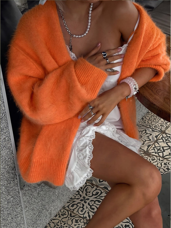 Women Fluffy Mohair-Optic Cardigan with V-Neck and Oversize Cut Mune Fashion