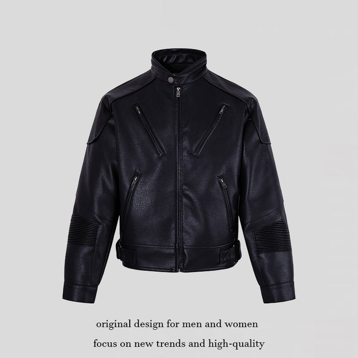 Men's biker jacket made of faux leather with stand-up collar, zipper pockets, and quilted elbow area Mune Fashion