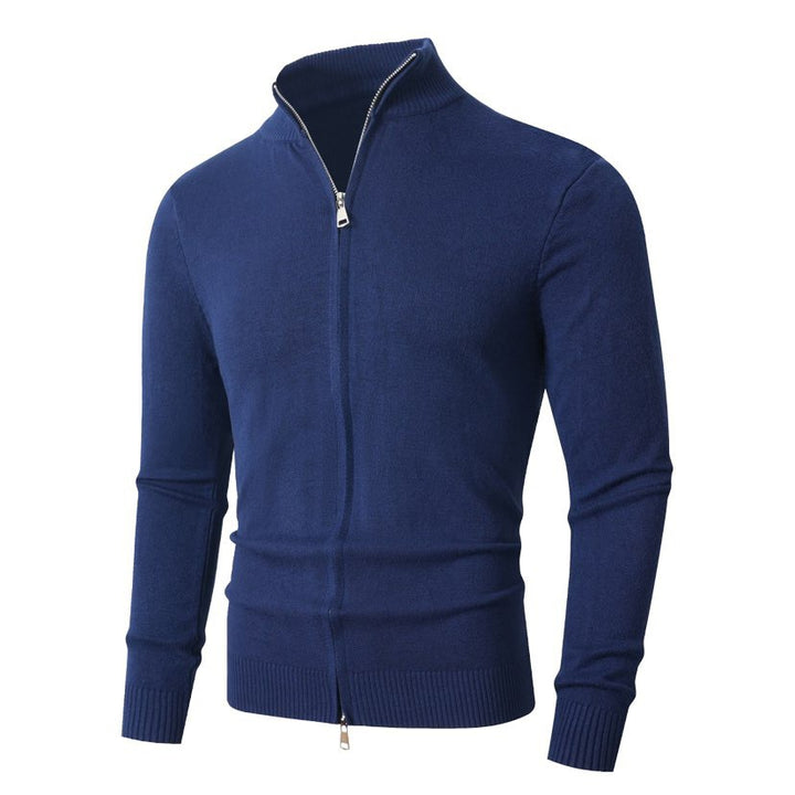 Men's Slim Fit Fine Knit Cardigan with Double Zipper and Stand Collar Mune Fashion