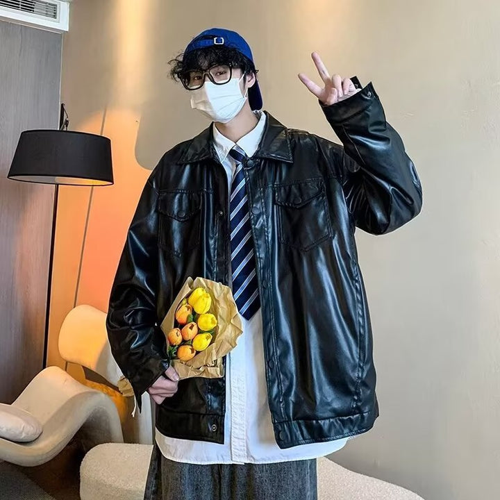 Men's Oversized Faux Leather Shirt Jacket in Boxy Look with Flap Pockets and Snap Placket Mune Fashion