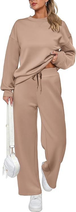 Women's two-piece French terry lounge set with oversized round neck pullover and wide high waist jogger Mune Fashion