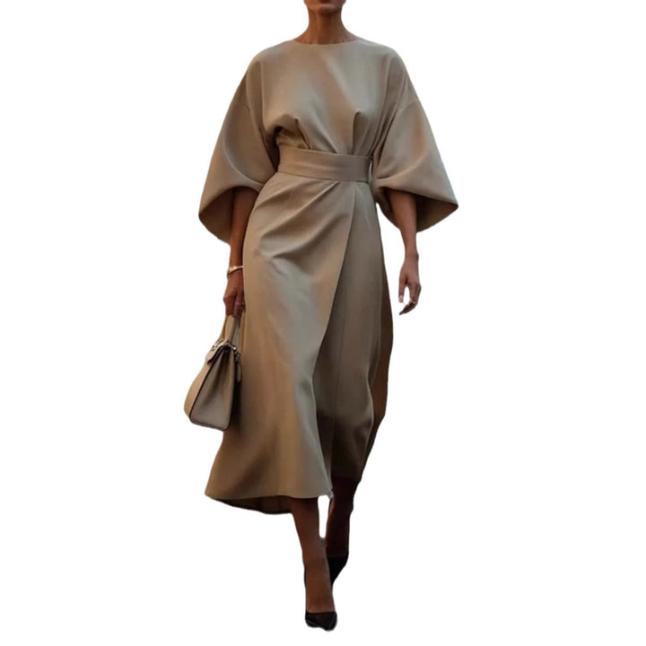 Ladies Elegant Midi Dress with Wide Kimono Sleeves, Tailored Belt and Draped A-Line Mune Fashion