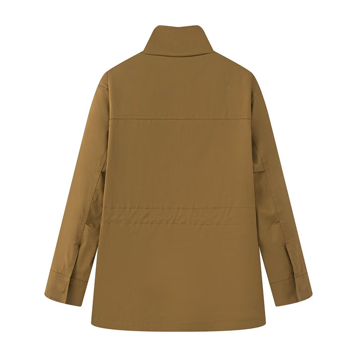 Women's utility jacket with drawstring waist, stand-up collar, and flap pockets Mune Fashion