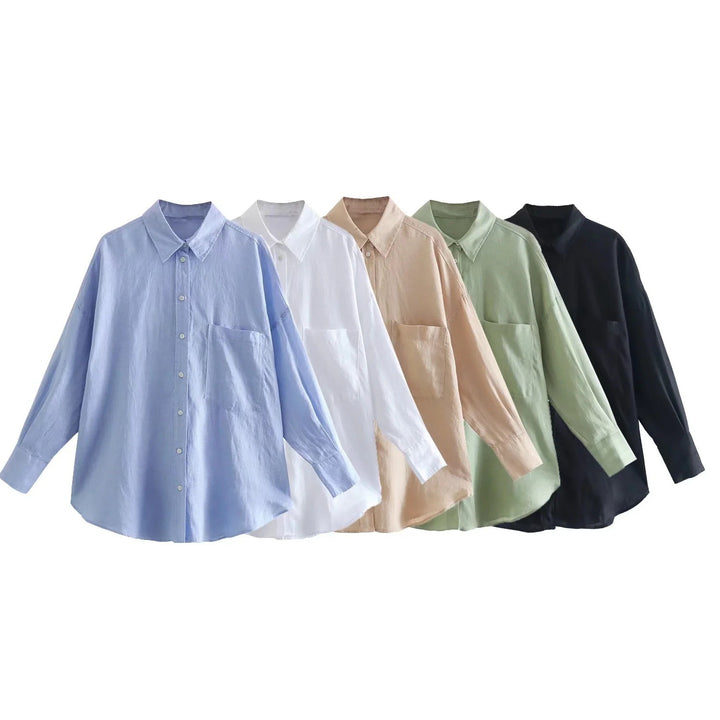 Women's Oversized Shirt Blouse made of Linen Blend with Dropped Shoulder and Chest Pocket Mune Fashion