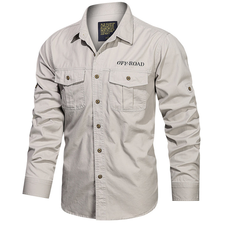 Men's robust utility shirt with patch chest pockets and sleeve tabs