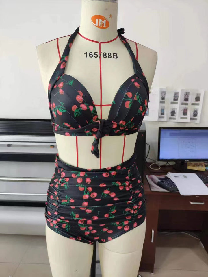 Ladies high-waisted bikini set with floral design and ruffles Mune Fashion