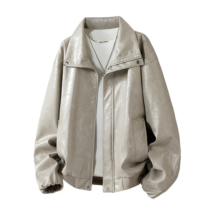 Women's Fashionable Faux Leather Jacket with High Collar Mune Fashion