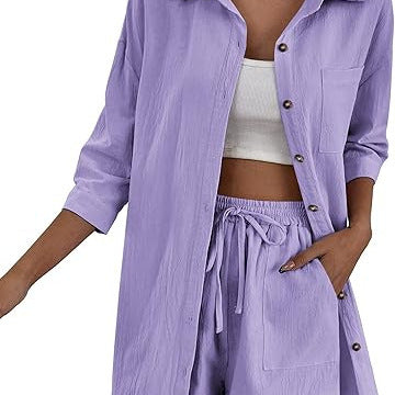 Women's Lightweight Longline Shirt Jacket Set with Elastic High-Waist Shorts Mune Fashion
