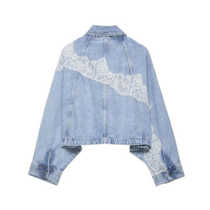 Women's oversized denim jacket with lace trim, boxy cropped cut, and dropped sleeves Mune Fashion