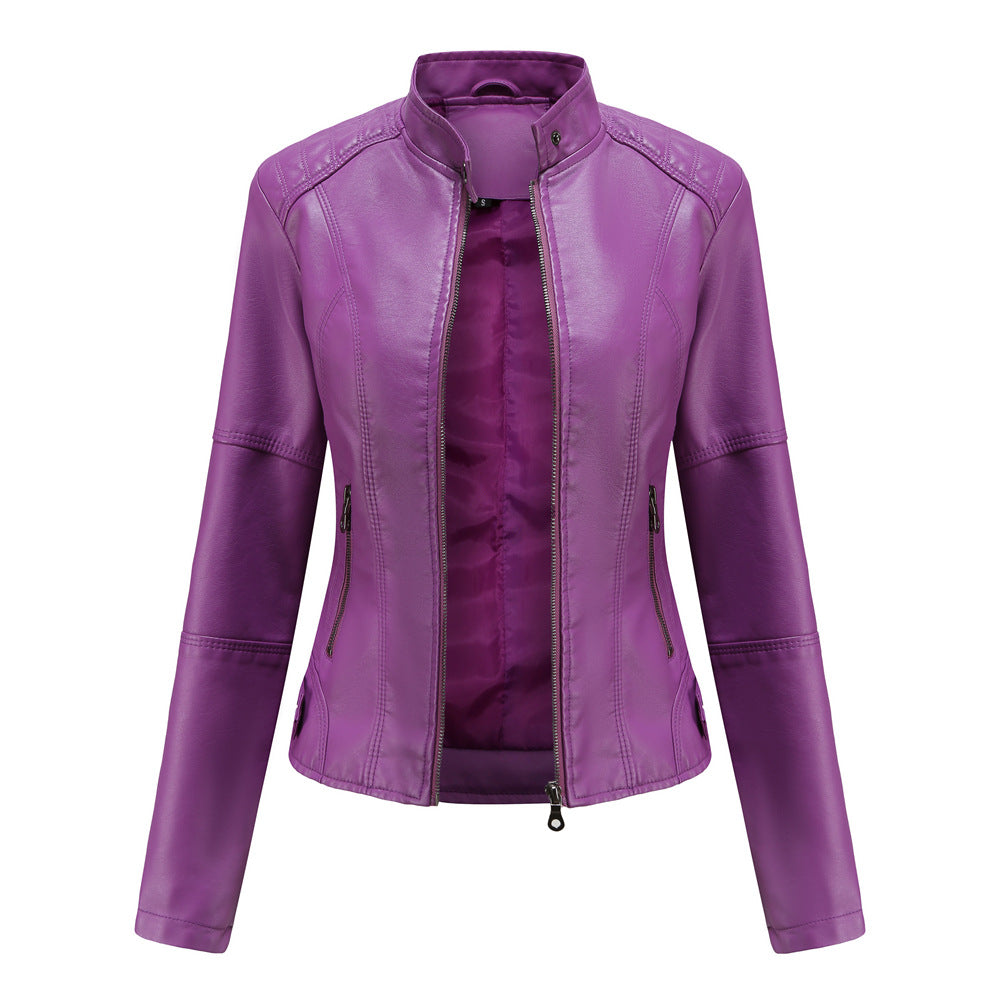 Women in slim faux leather biker jacket with stand-up collar and shaping darts Mune Fashion