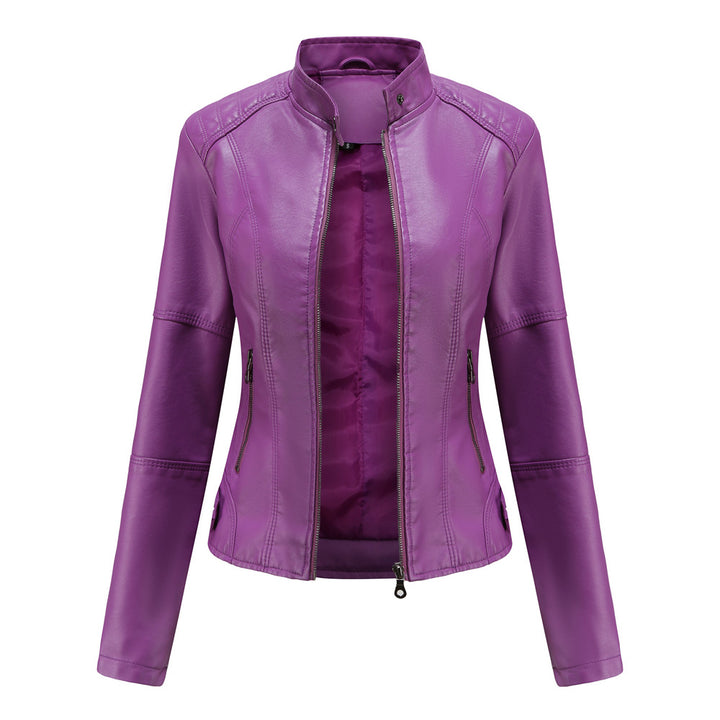 Women in slim faux leather biker jacket with stand-up collar and shaping darts Mune Fashion