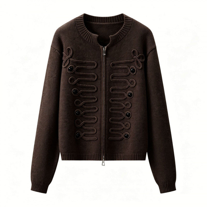 Women's short-cut knitted cardigan with decorative cord applications and two-way zipper Mune Fashion
