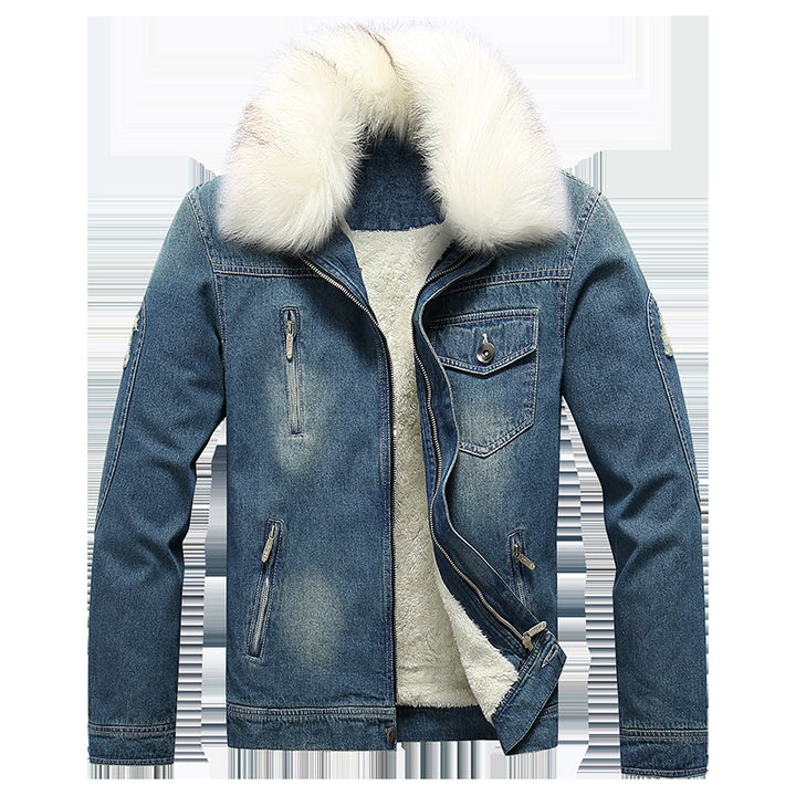 Men's denim jacket with teddy lining, faux fur collar and multifunctional zip pockets Mune Fashion