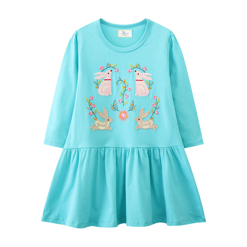 Girls Long-Sleeve Dress with Enchanting Bunny and Flower Embroideries Mune Fashion
