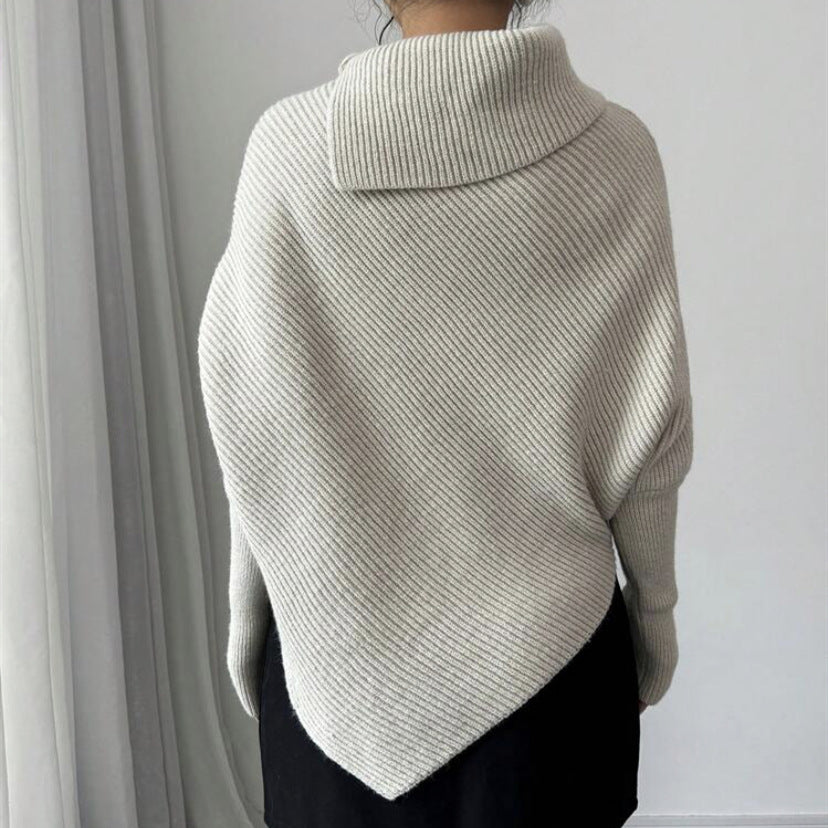 Women's Asymmetrical Rib Knit Poncho with High Roll Neck and Extended Sleeves Mune Fashion