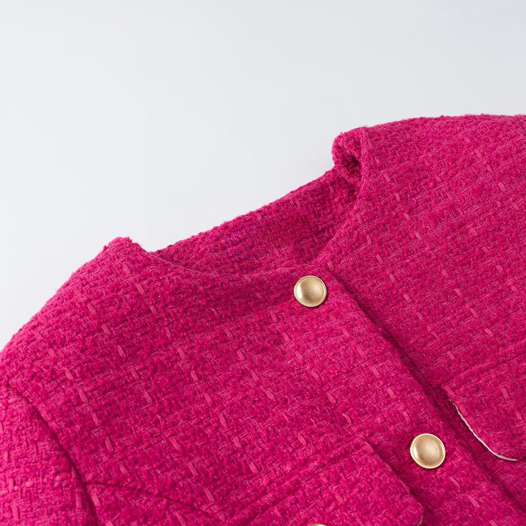 Women's Short Boucle Jacket with Waist Belt, Breast Flaps and Golden Decorative Buttons Mune Fashion