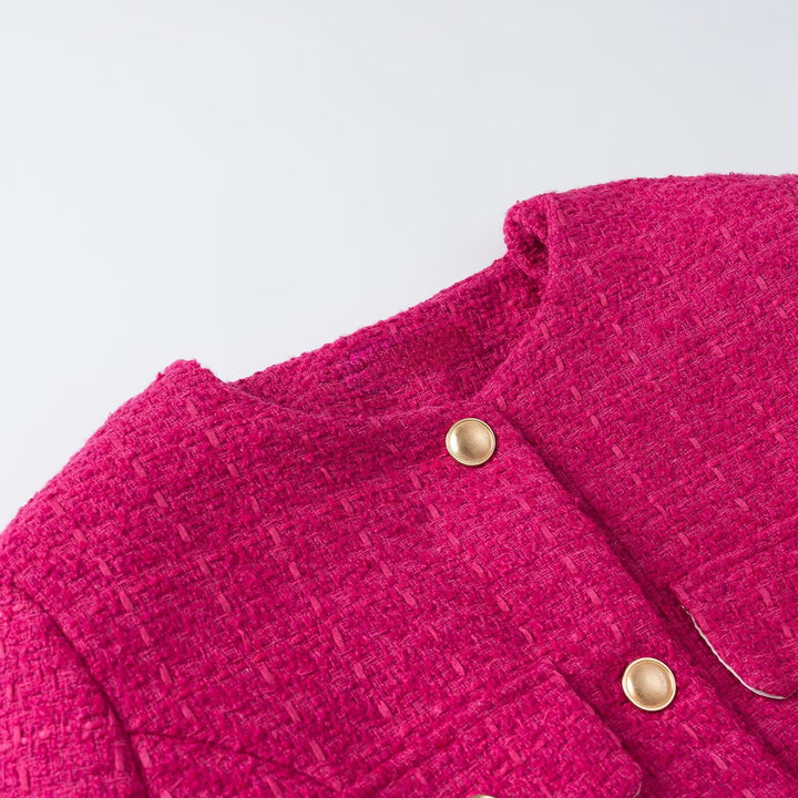 Women's Short Boucle Jacket with Waist Belt, Breast Flaps and Golden Decorative Buttons Mune Fashion