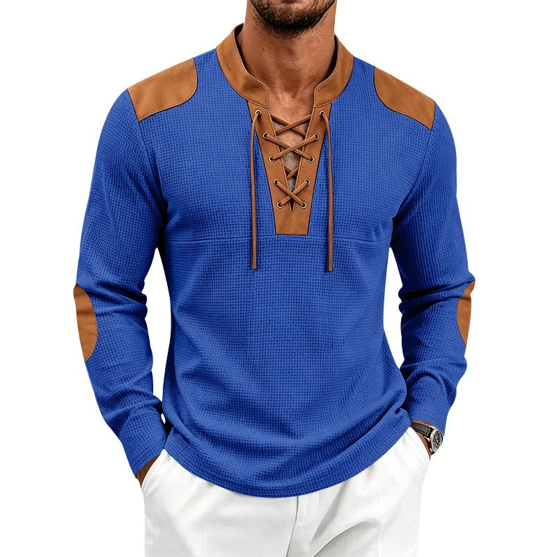 Men's Waffle Knit Long Sleeve Shirt with Laced Collar and Faux Leather Patches Mune Fashion