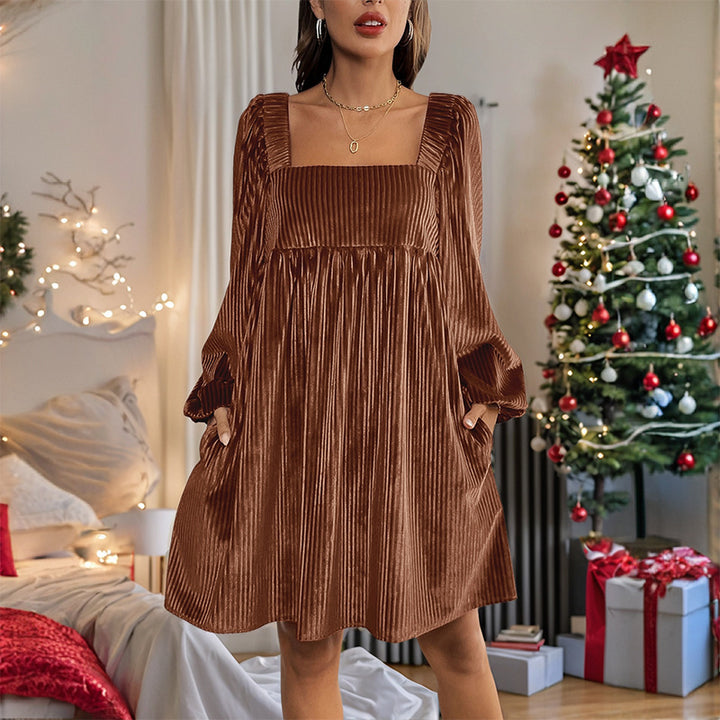 Women's velvety pleated babydoll dress with square neckline, balloon sleeves, and side pockets Mune Fashion