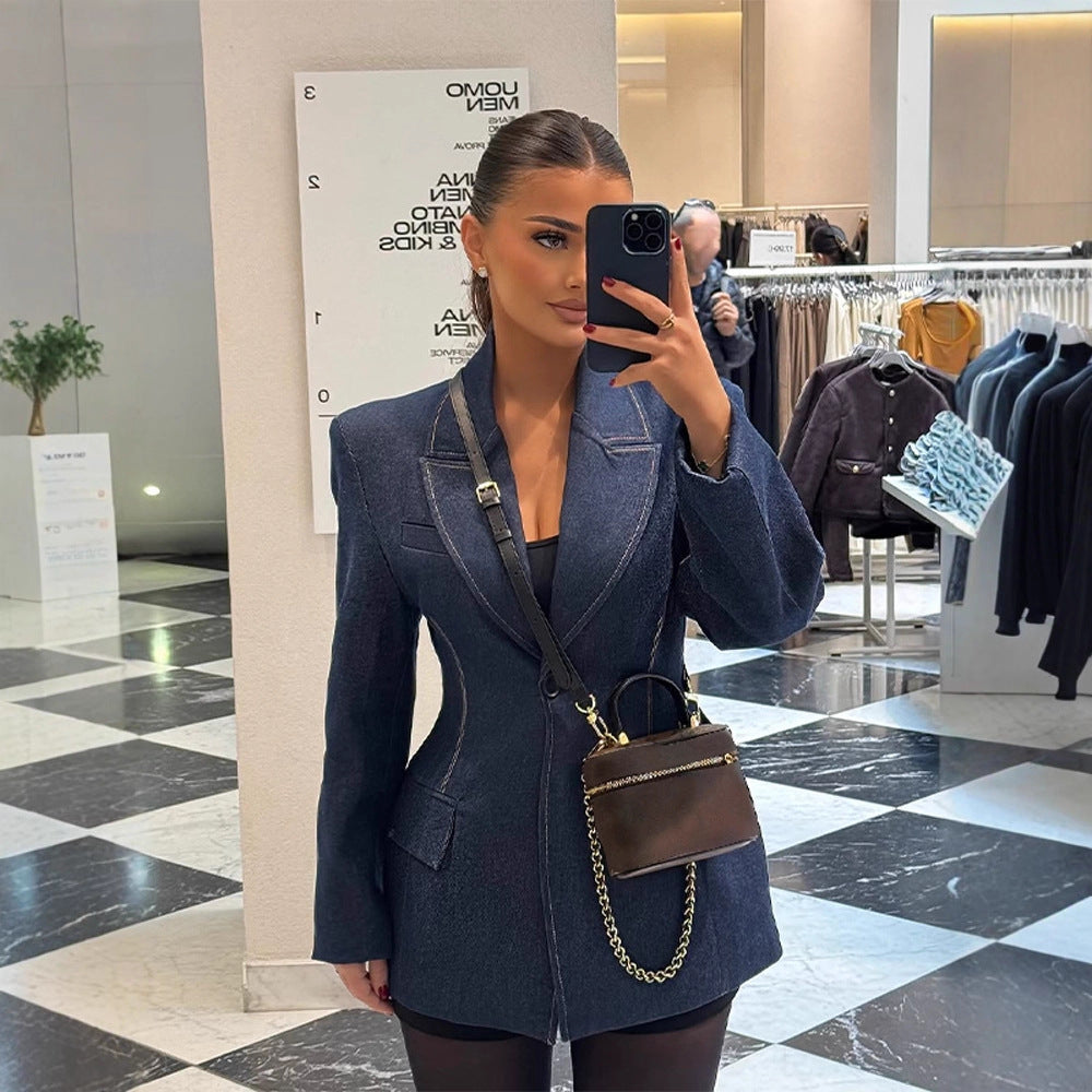 Women tailored jeans blazer with curved lapel Mune Fashion