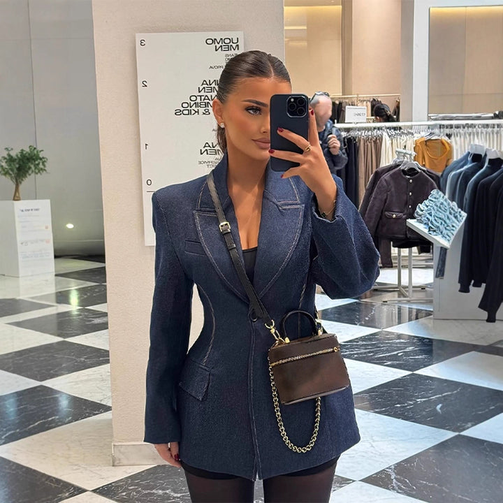 Women tailored jeans blazer with curved lapel Mune Fashion