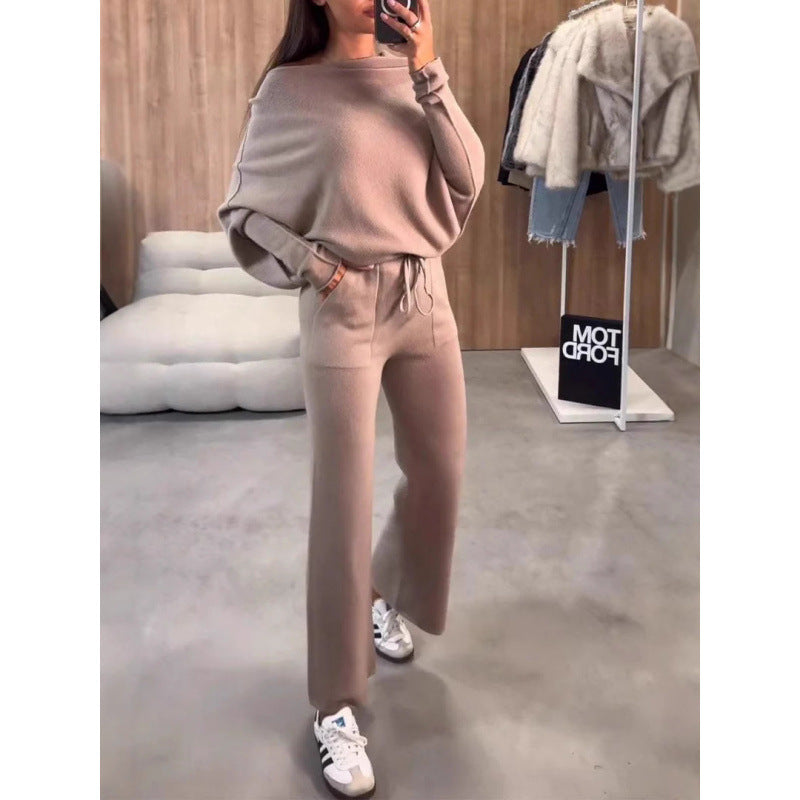 Women's Knit Loungewear Set with Oversized Shoulder, Wide Leg and Drawstring Mune Fashion