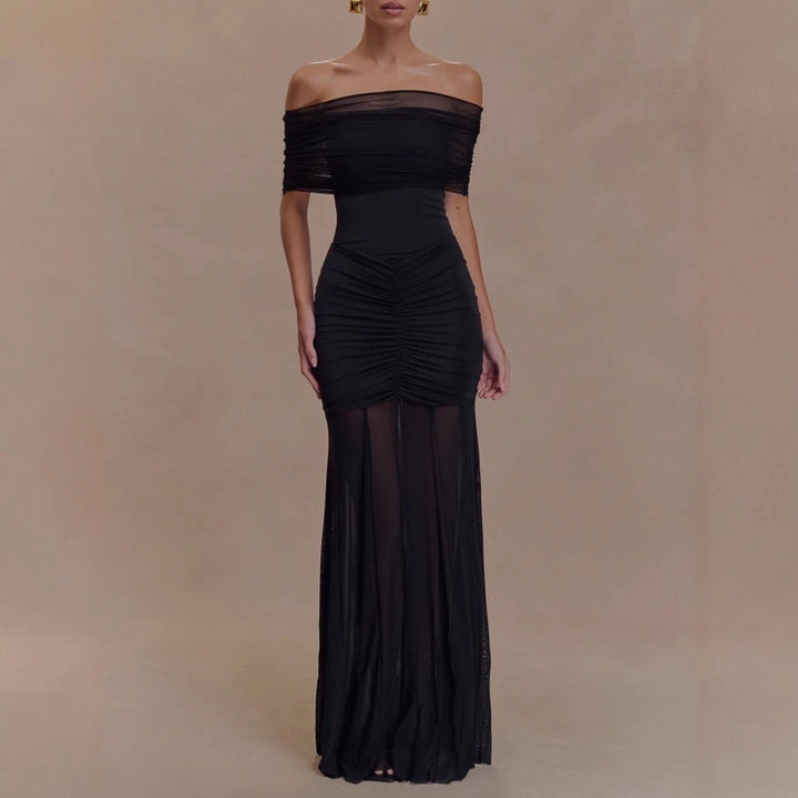 Women's off-the-shoulder evening dress with figure-hugging jersey underdress and sheer chiffon overlay Mune Fashion
