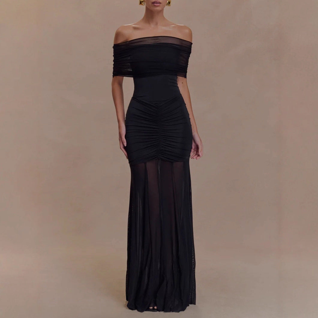Women's off-the-shoulder two-piece evening dress with ruched mini dress and transparent floor-length skirt Mune Fashion