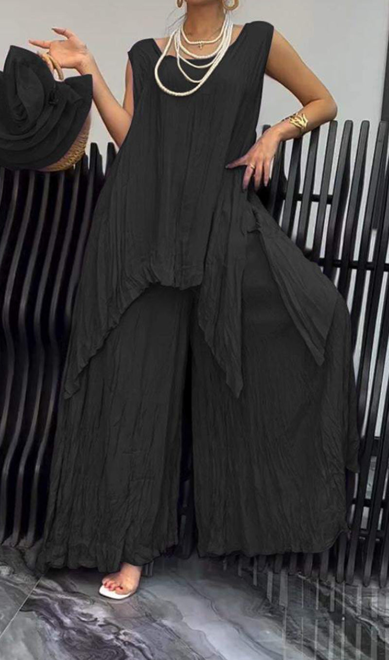 Women two-piece set in airy crinkle look with sleeveless tunic and wide palazzo pants Mune Fashion
