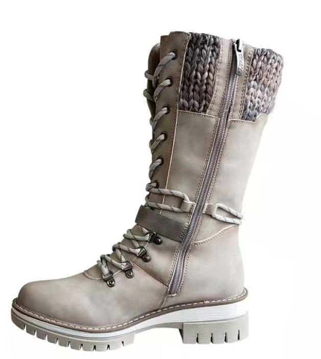 Women's knee-high lace-up boots with knit cuffs, sturdy tread sole, and side zipper Mune Fashion
