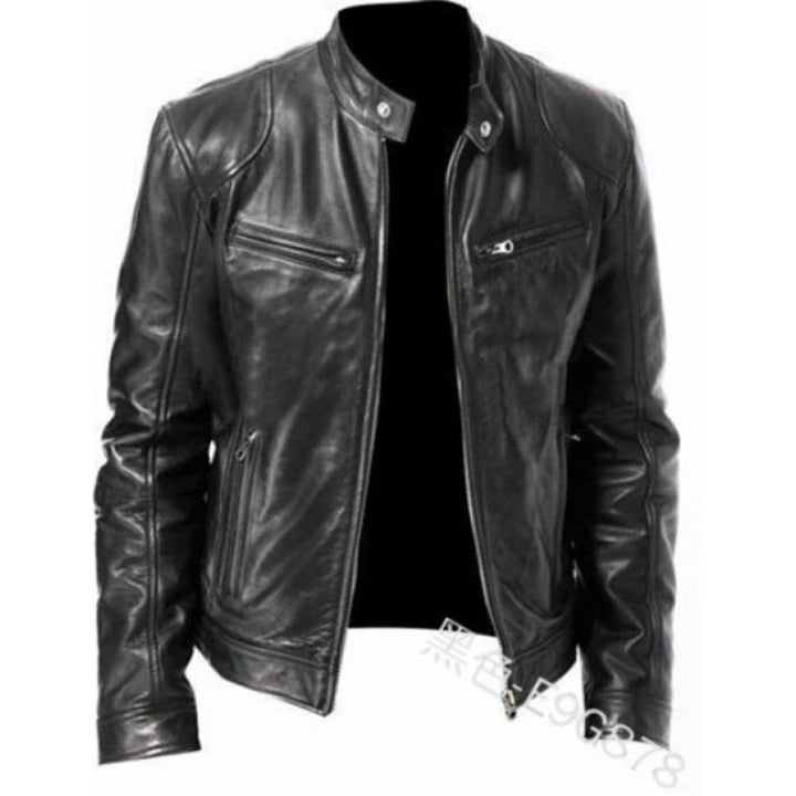 Men's slim genuine leather biker jacket with stand-up collar, two zippered chest pockets and straight silhouette Mune Fashion