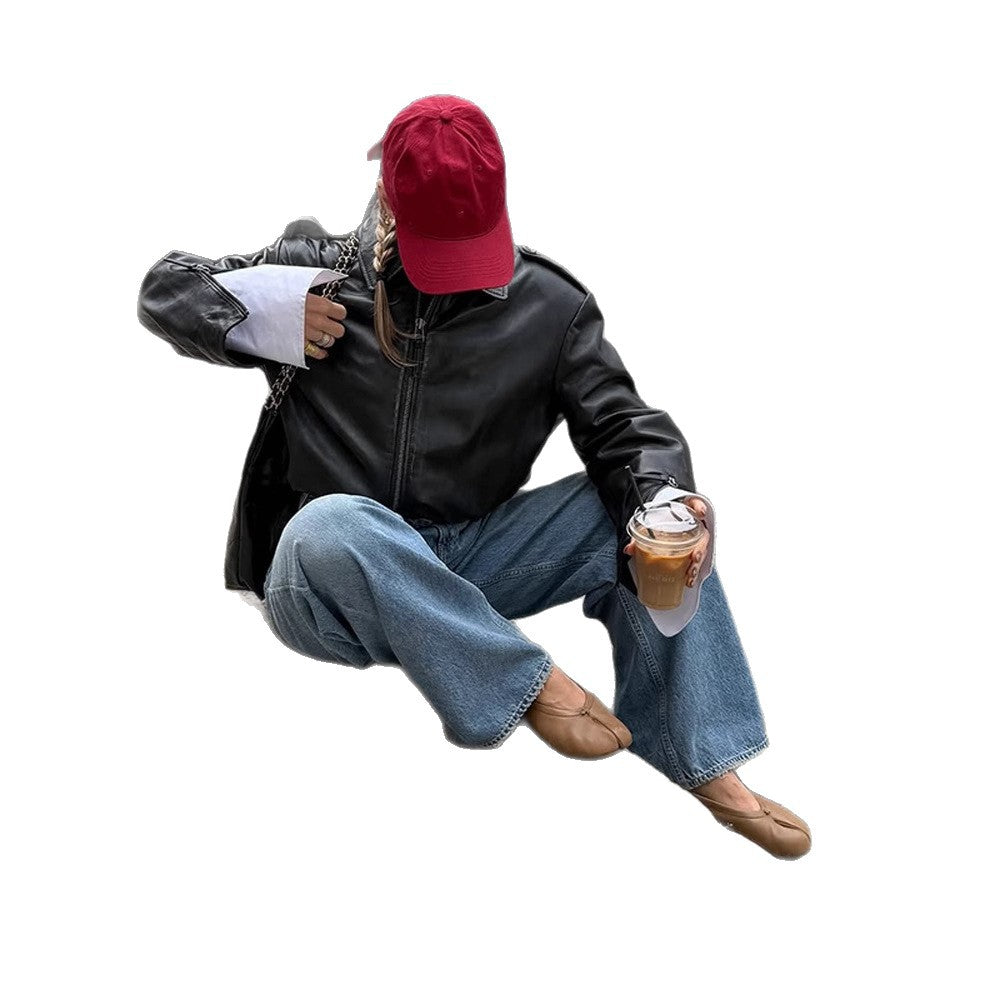 Women's Short Blouson in Layering Look made of Faux Leather with Oversized Shirt Sleeve Detail Mune Fashion