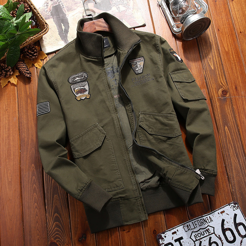 Men's Canvas Pilot Jacket with Embroidered Patches, Multiple Pockets, and Ribbed Cuffs Mune Fashion