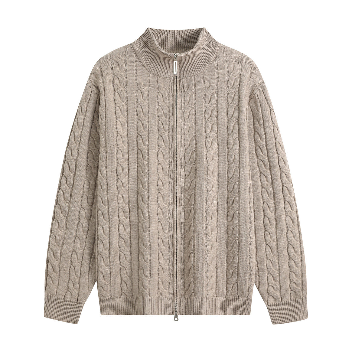Men's Chunky Knit Zip-Up Cardigan with Cable Pattern, Stand-Up Collar and Oversized Cut Mune Fashion