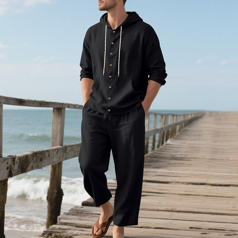 Men's casual linen-cotton ensemble with hooded top and full button placket, kangaroo pocket, and ankle-length wide trousers Mune Fashion